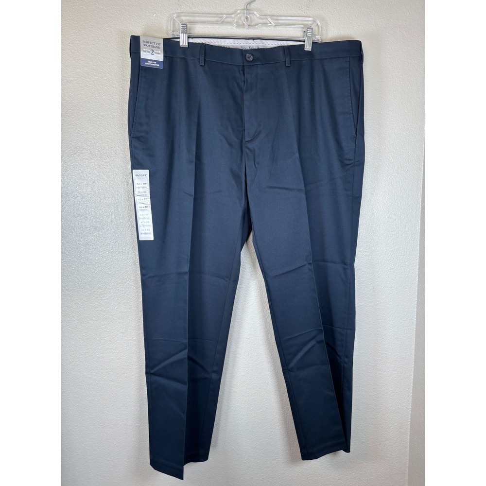 Haggar Iron Free Premium Khaki Pants Mens 42x30 Dark Navy Straight Fit HC71000